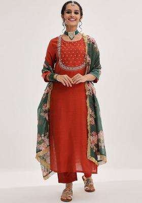 Maroon Embroidery Silk Kurta Set