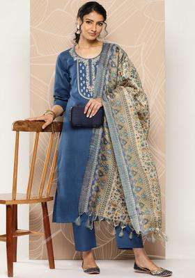 Blue Embroidery Cotton Kurta Set