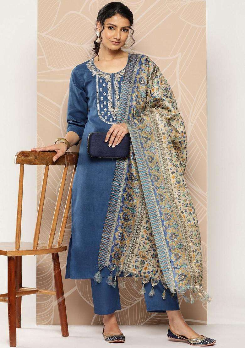 Blue Embroidery Cotton Kurta Set - Indya