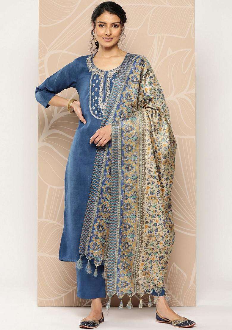 Blue Embroidery Cotton Kurta Set - Indya