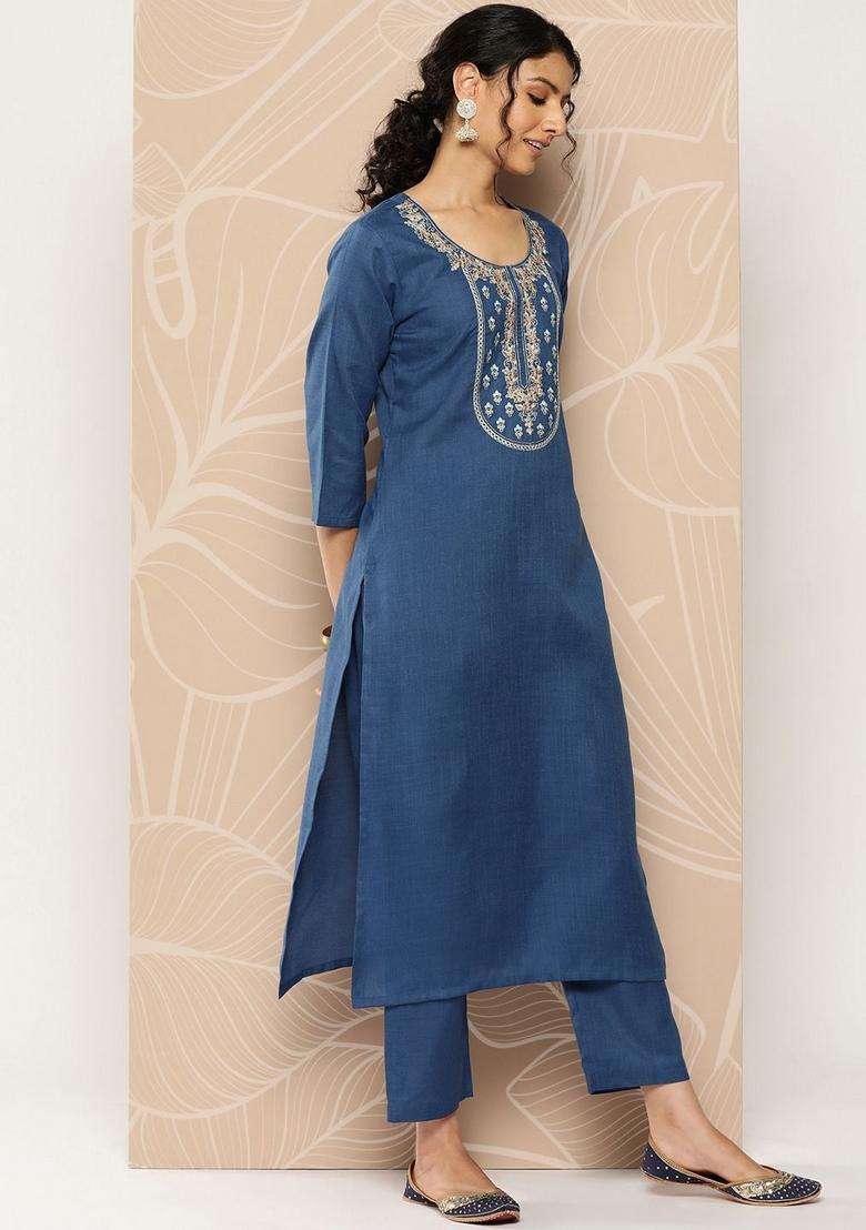Blue Embroidery Cotton Kurta Set - Indya