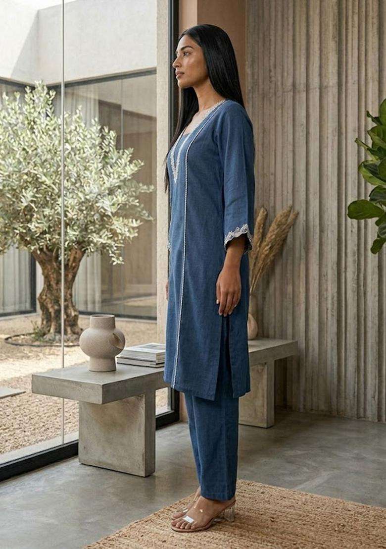 Navy Blue Embroidery Cotton Kurta Set - Indya