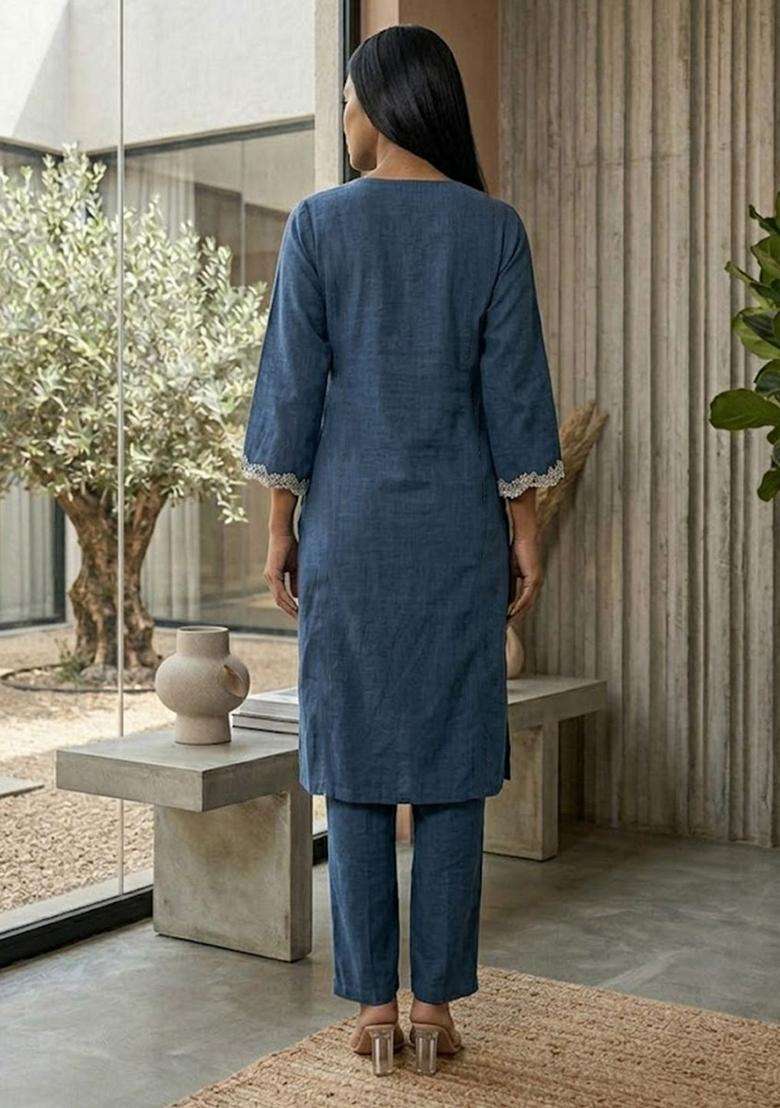 Navy Blue Embroidery Cotton Kurta Set - Indya