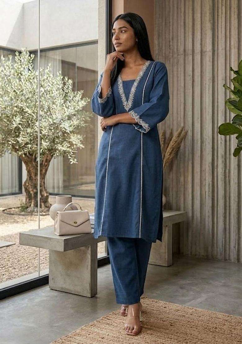 Navy Blue Embroidery Cotton Kurta Set - Indya
