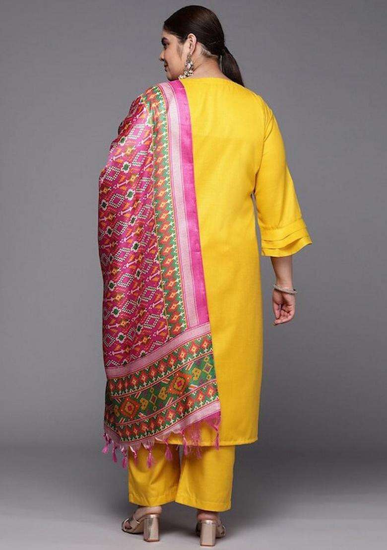 Mustard Embroidery Cotton Palazzo Set - Indya