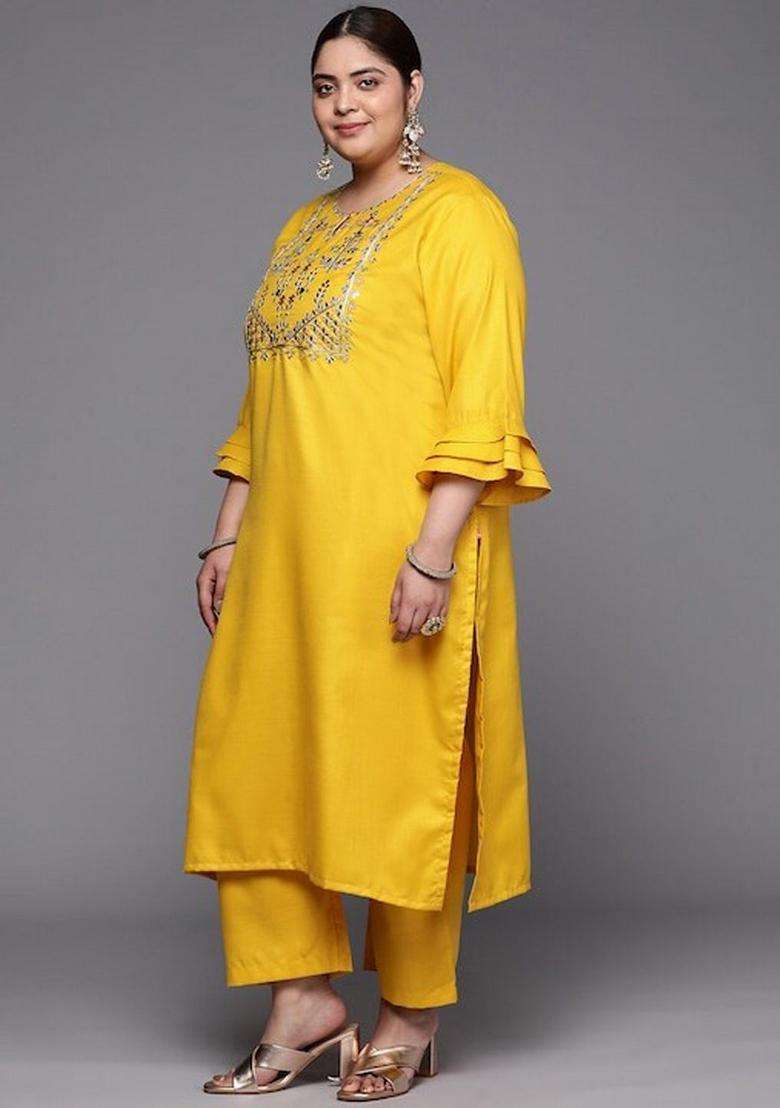 Mustard Embroidery Cotton Palazzo Set - Indya