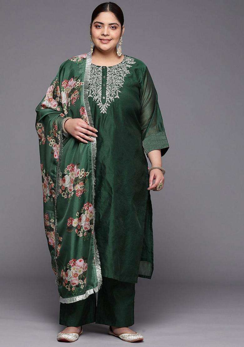 Green Embroidery Silk Palazzo Set - Indya
