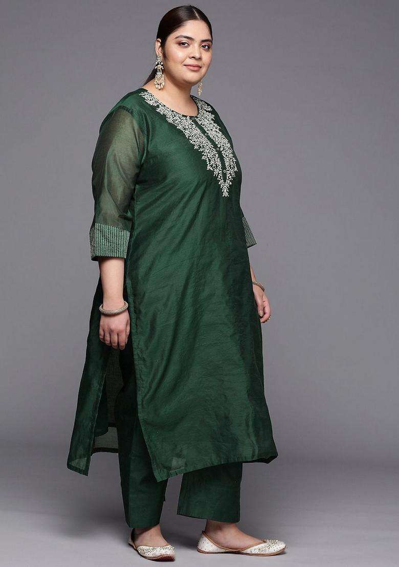 Green Embroidery Silk Palazzo Set - Indya