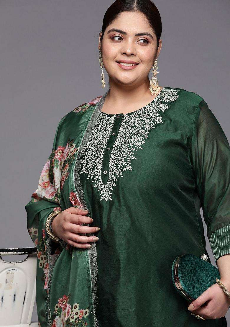 Green Embroidery Silk Palazzo Set - Indya