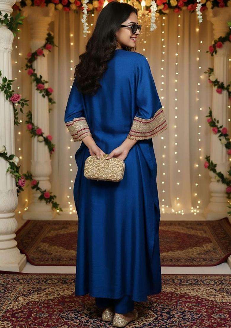 Blue Embroidery Silk Kurta Set - Indya