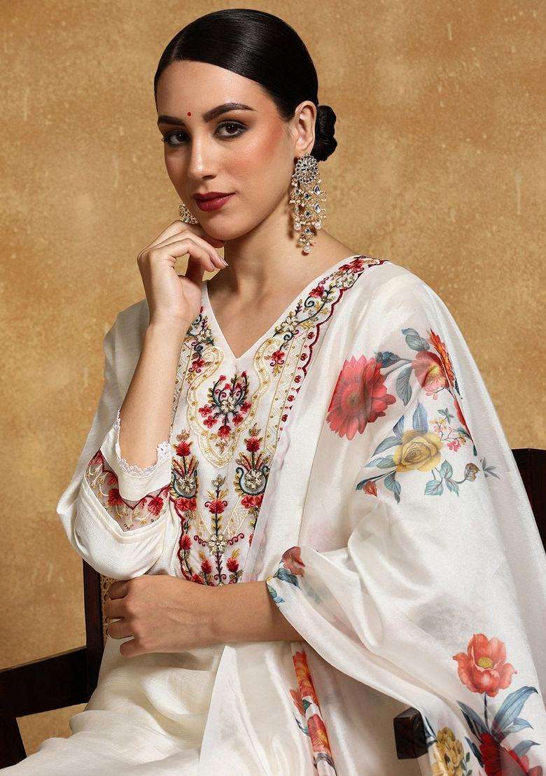 Off White Embroidery Silk Kurta Set - Indya