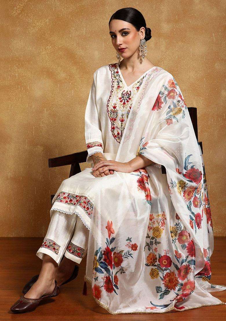 Off White Embroidery Silk Kurta Set - Indya