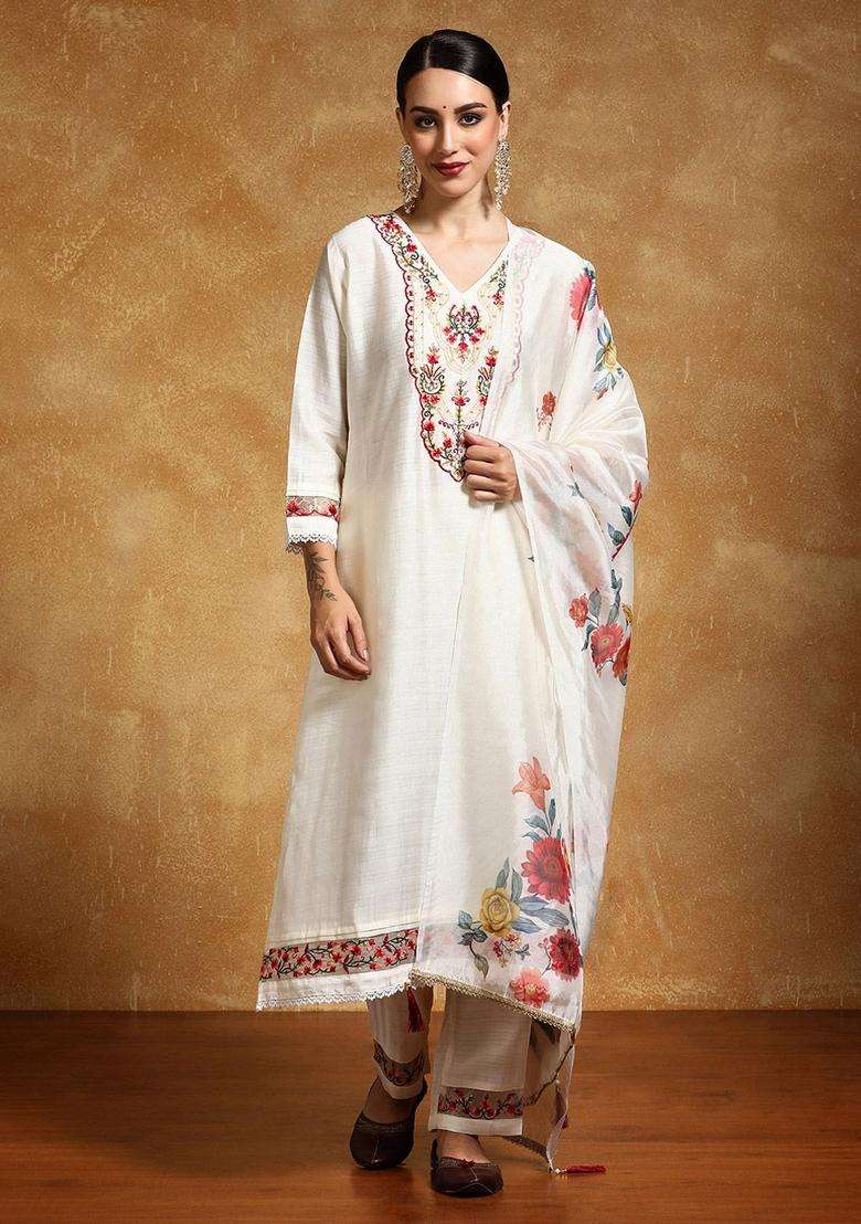 Off White Embroidery Silk Kurta Set - Indya