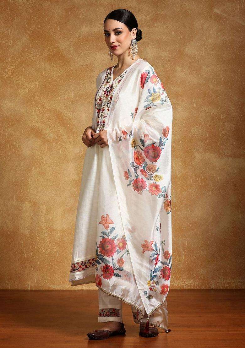 Off White Embroidery Silk Kurta Set - Indya