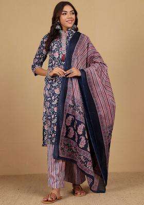 Navy Blue Printed Cotton Kurta Set