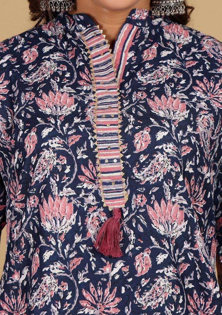 Navy Blue Printed Cotton Kurta Set - Indya