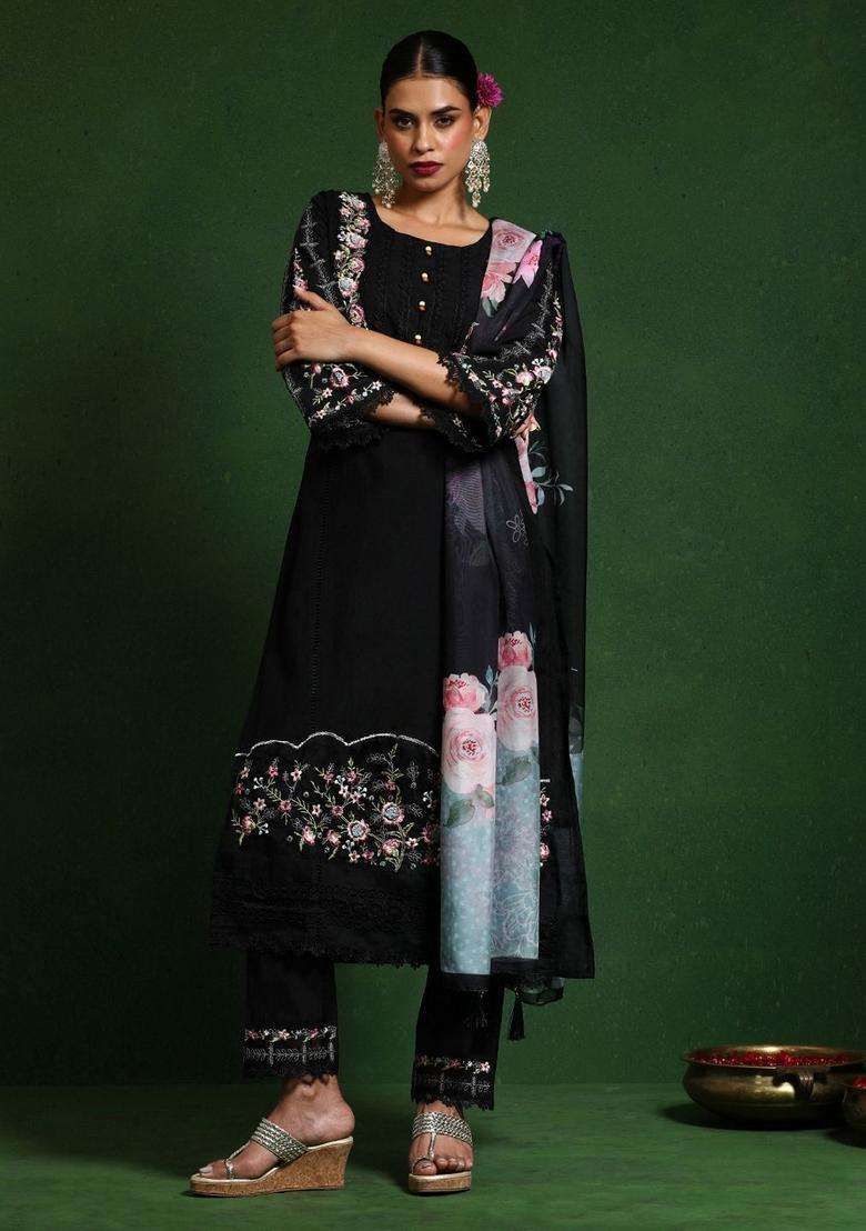 Black Embroidery Cotton Kurta Set - Indya