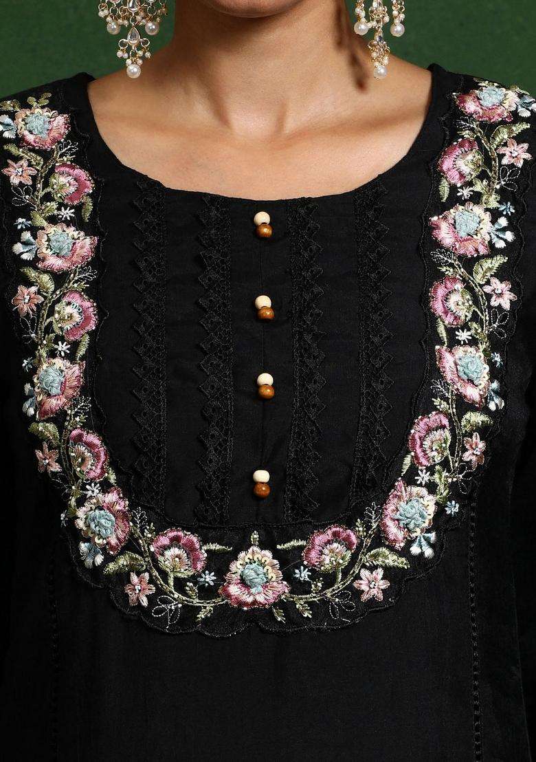 Black Embroidery Cotton Kurta Set - Indya