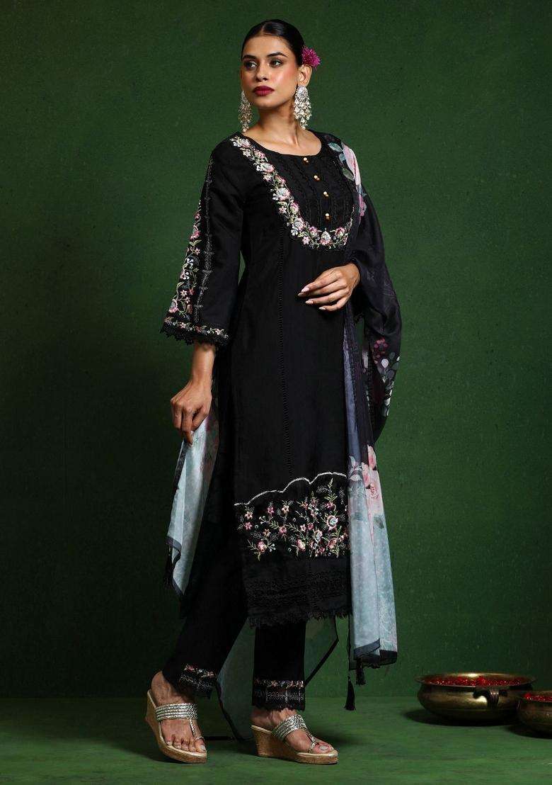 Black Embroidery Cotton Kurta Set - Indya