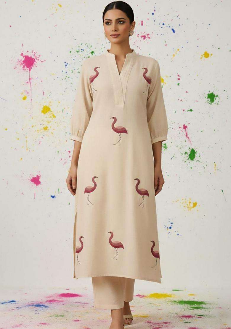 Off White Embroidery Cotton Kurta Set - Indya