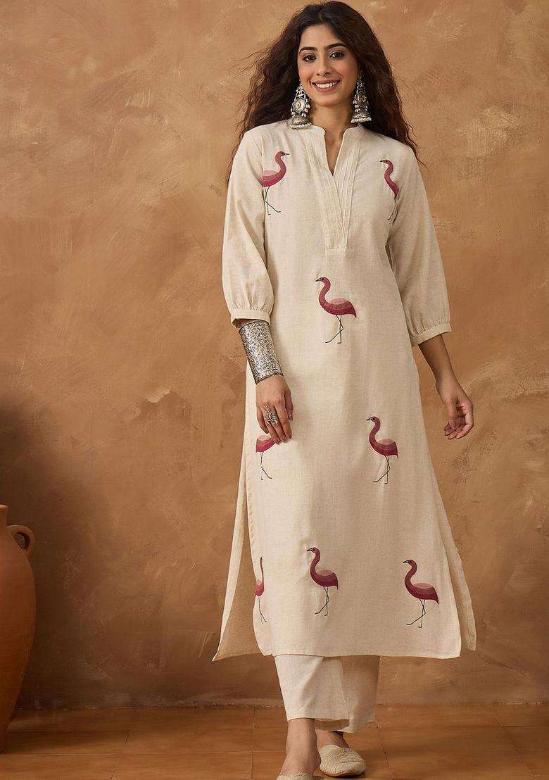 Off White Embroidery Cotton Kurta Set - Indya
