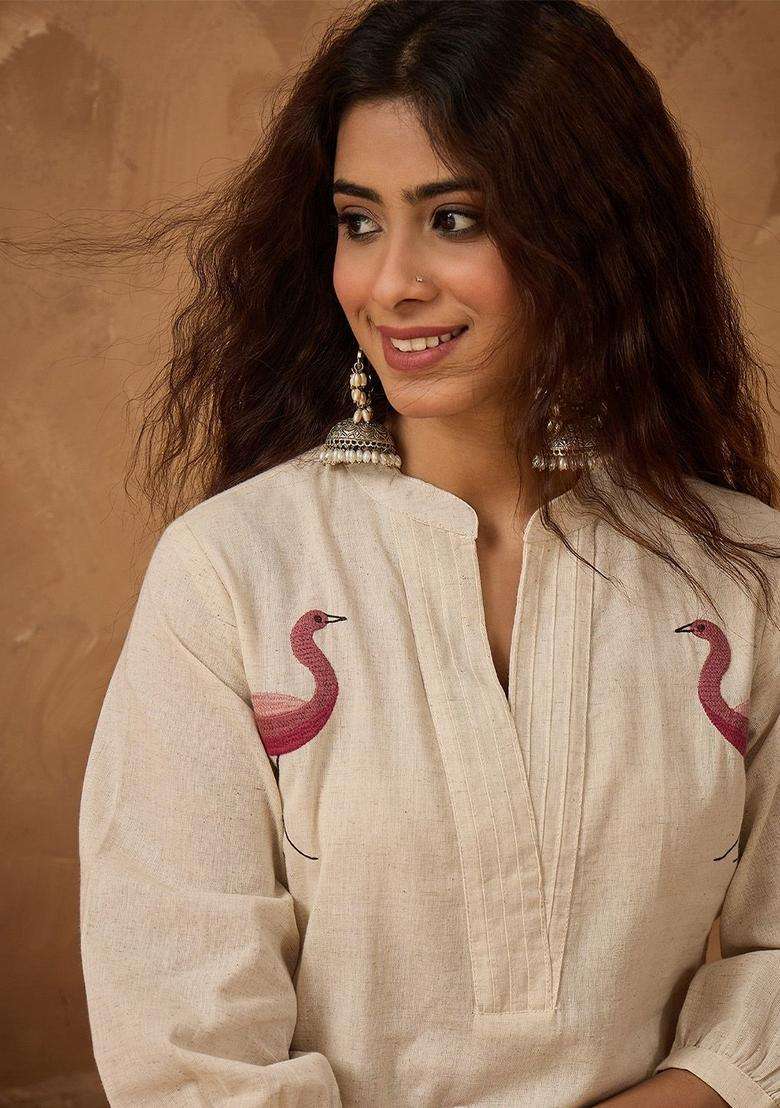 Off White Embroidery Cotton Kurta Set - Indya
