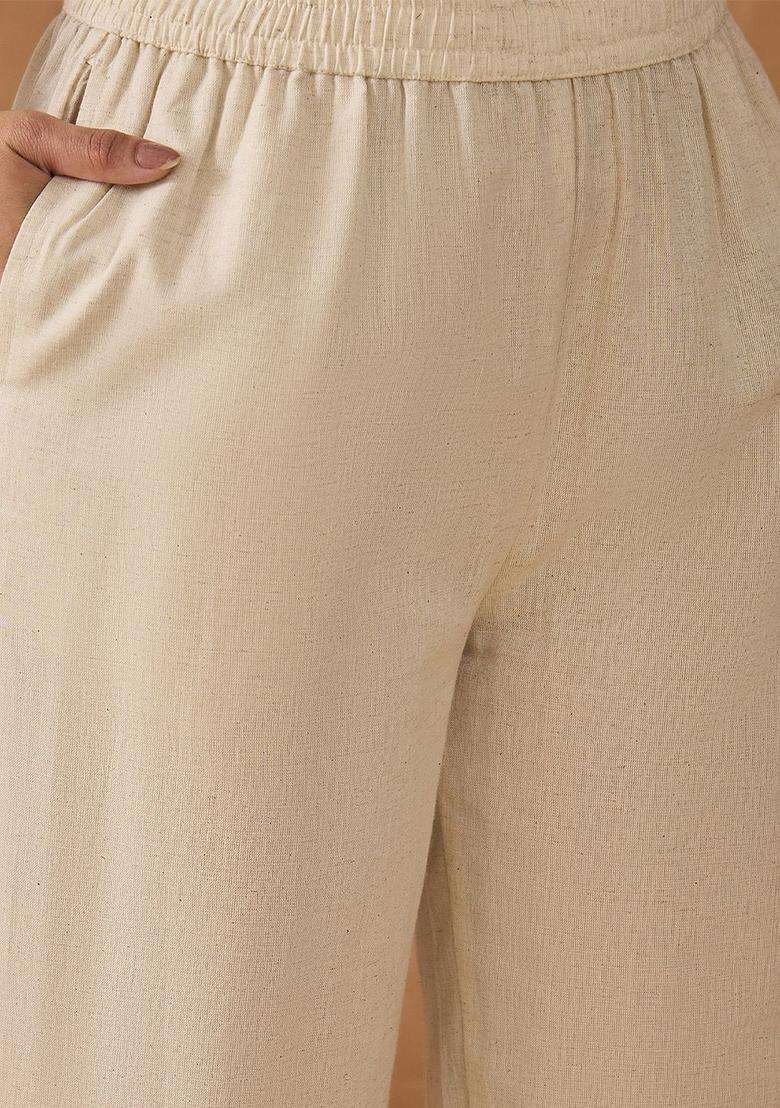 Off White Embroidery Cotton Kurta Set - Indya