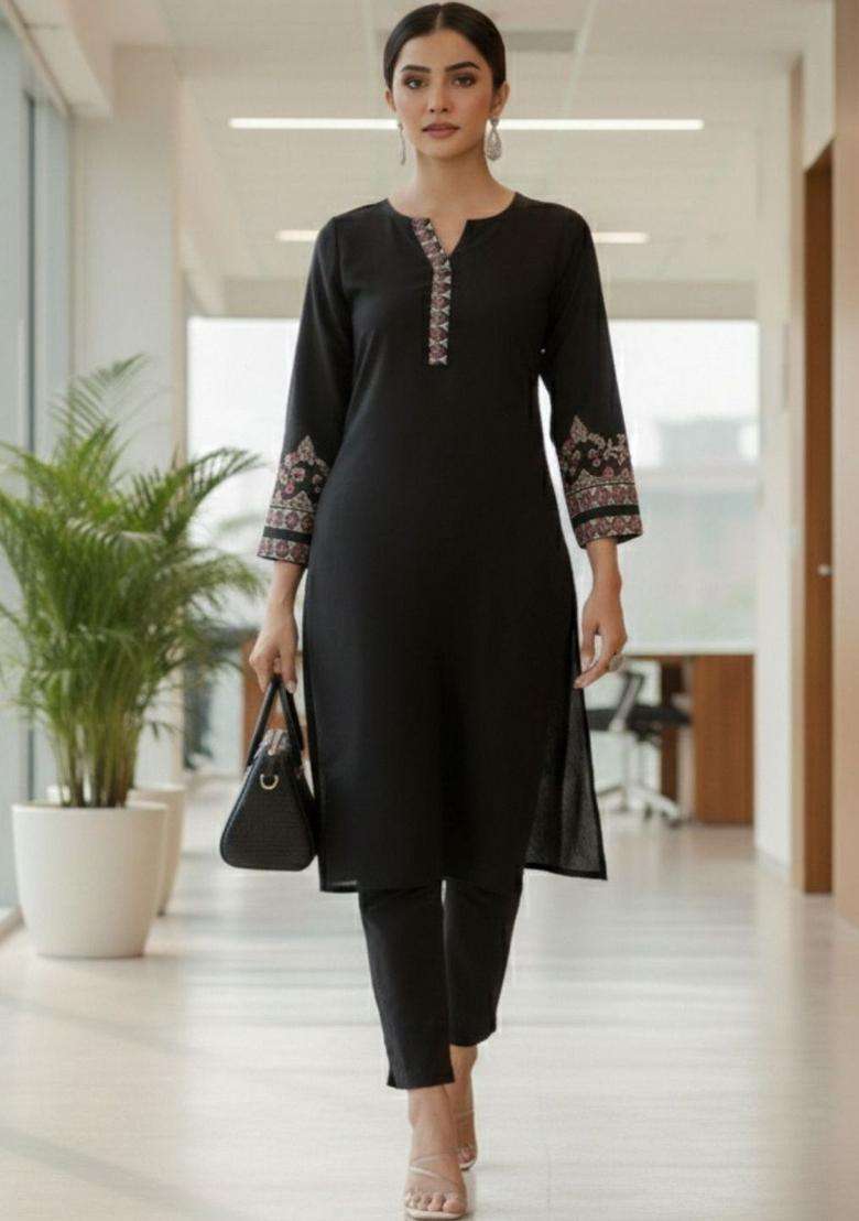 Black Embroidery Cotton Kurta Set - Indya