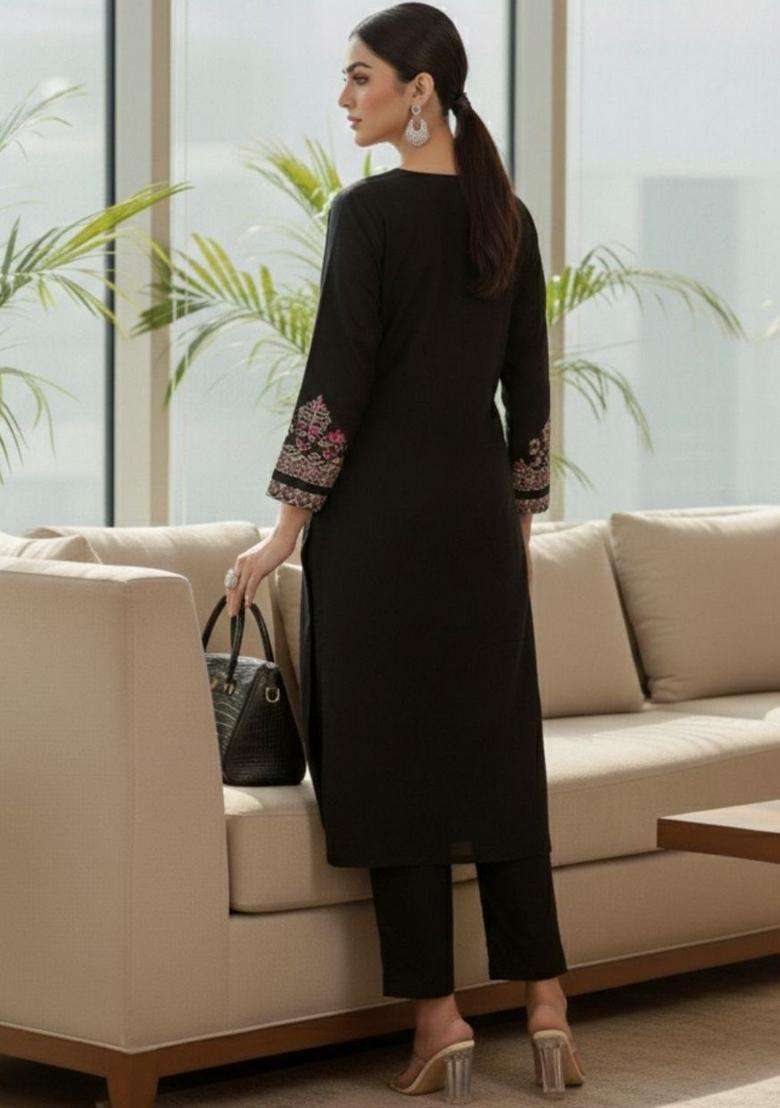 Black Embroidery Cotton Kurta Set - Indya