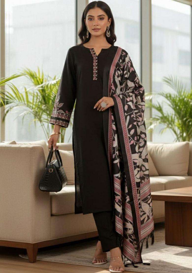 Black Embroidery Cotton Kurta Set - Indya