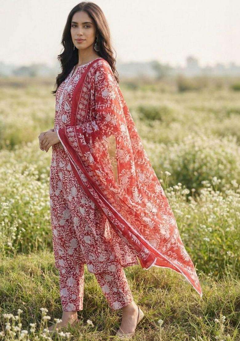 Red Printed Cotton Kurta Set - Indya