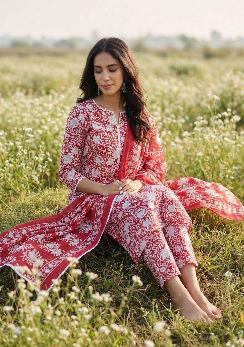 Red Printed Cotton Kurta Set - Indya