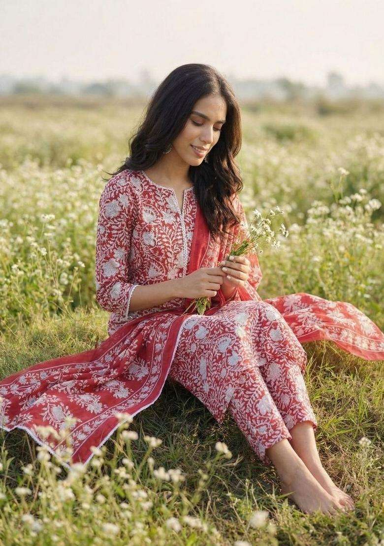 Red Printed Cotton Kurta Set - Indya