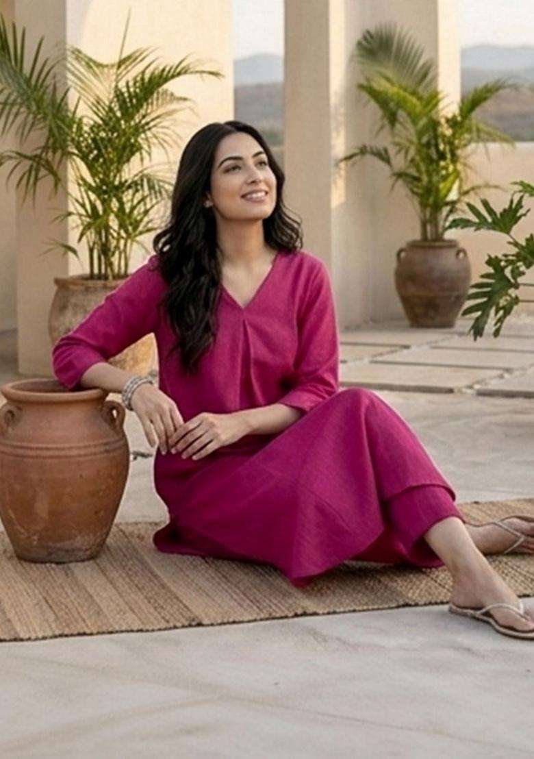 Pink Printed Cotton Kurta Set - Indya