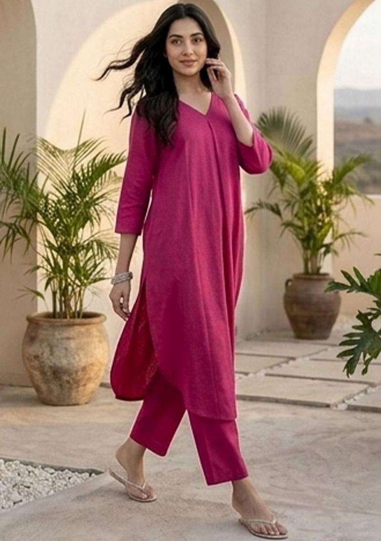 Pink Printed Cotton Kurta Set - Indya
