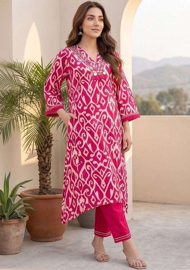 Pink Printed Cotton Kurta Set - Indya