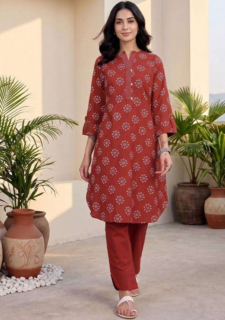 Red Printed Cotton Kurta Set - Indya