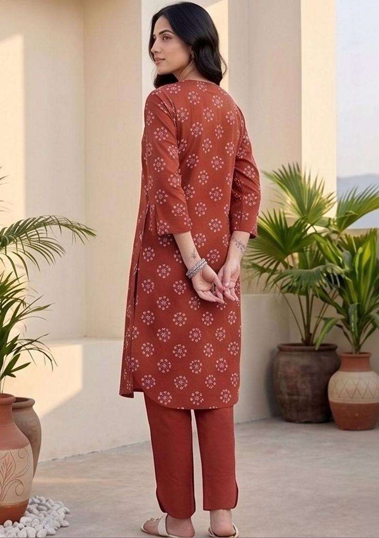 Red Printed Cotton Kurta Set - Indya