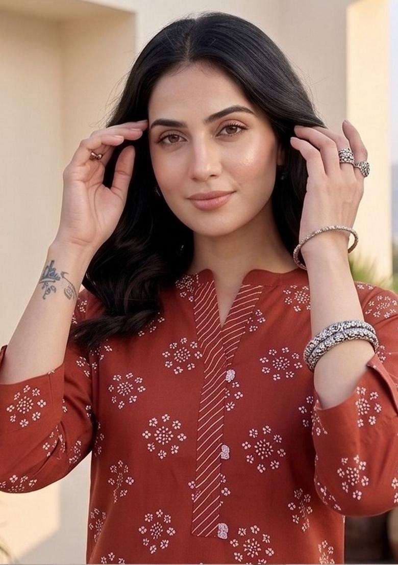 Red Printed Cotton Kurta Set - Indya