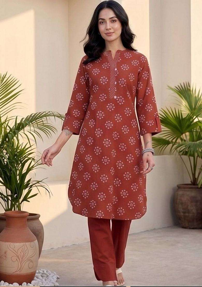 Red Printed Cotton Kurta Set - Indya