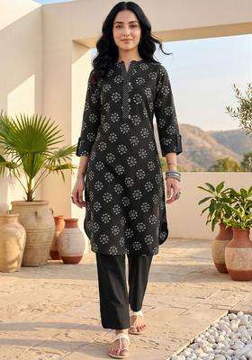 Black Printed Cotton Kurta Set