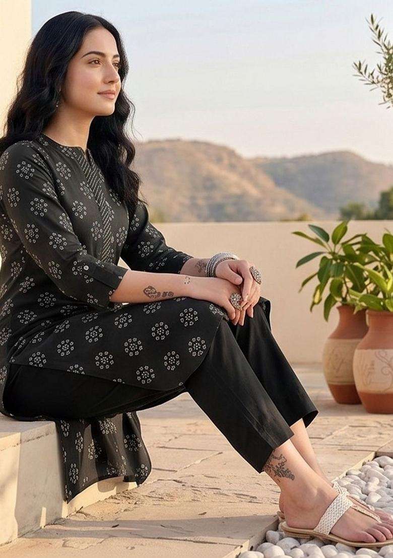 Black Printed Cotton Kurta Set - Indya