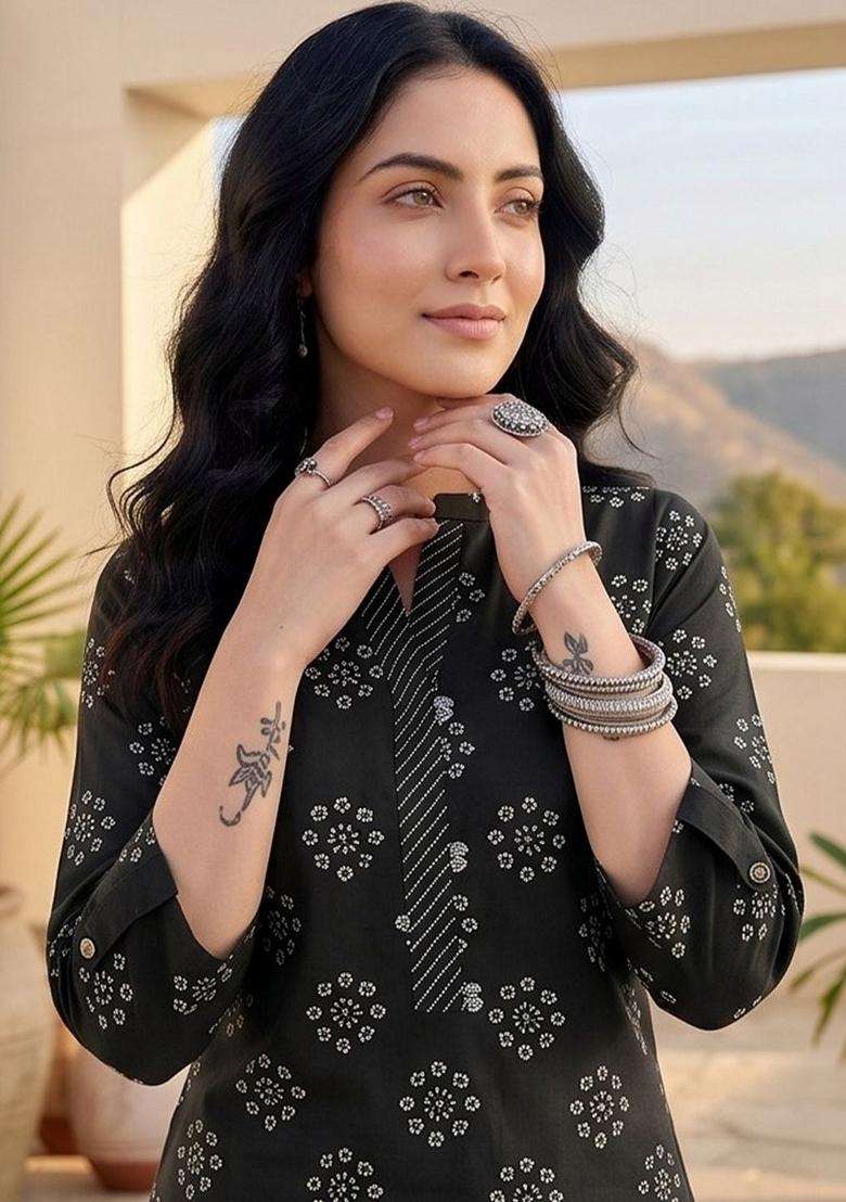 Black Printed Cotton Kurta Set - Indya