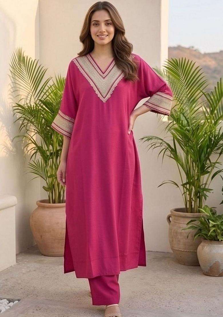 Red Embroidery Cotton Kurta Set - Indya