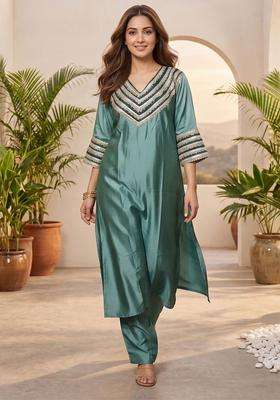 Sea Green Embroidery Silk Kurta Set