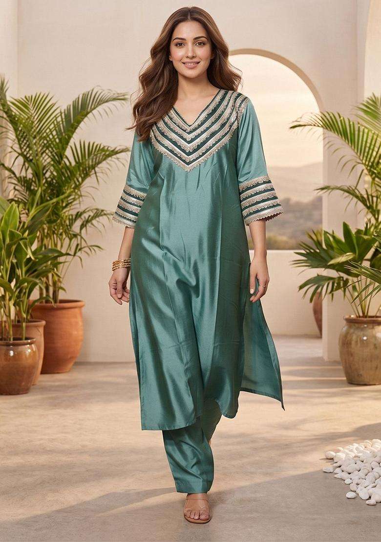 Sea Green Embroidery Silk Kurta Set - Indya