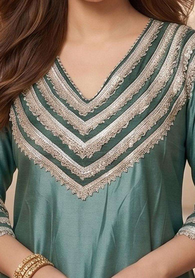 Sea Green Embroidery Silk Kurta Set - Indya
