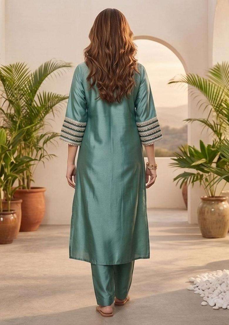 Sea Green Embroidery Silk Kurta Set - Indya