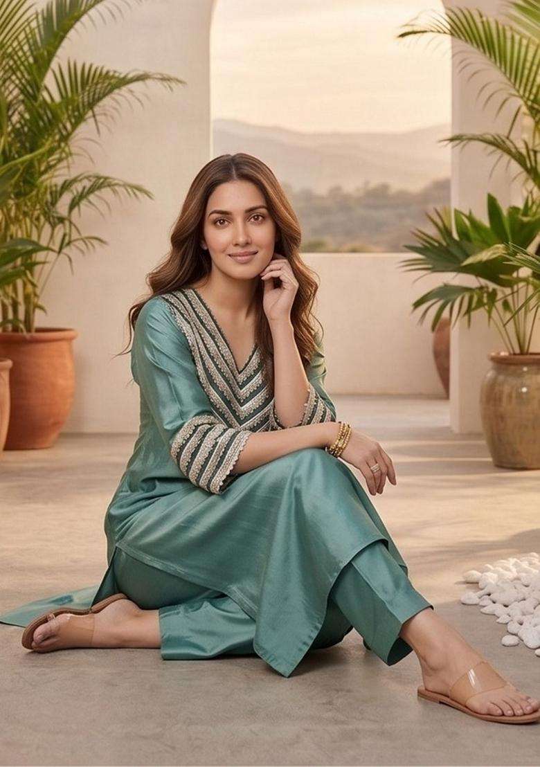 Sea Green Embroidery Silk Kurta Set - Indya