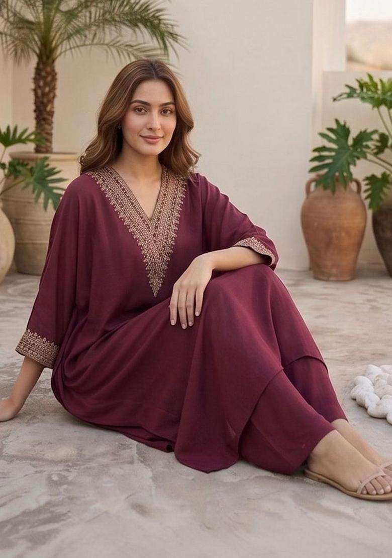Maroon Embroidery Silk Kurta Set - Indya